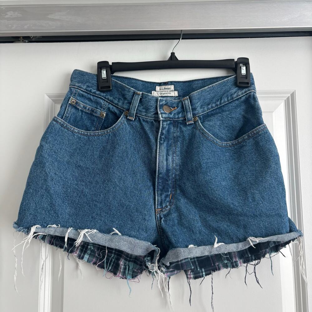 VTG L.L. Bean Flannel Lined Denim Cutoff Shorts Women’s 10 MT Plaid Boho Raw Hem